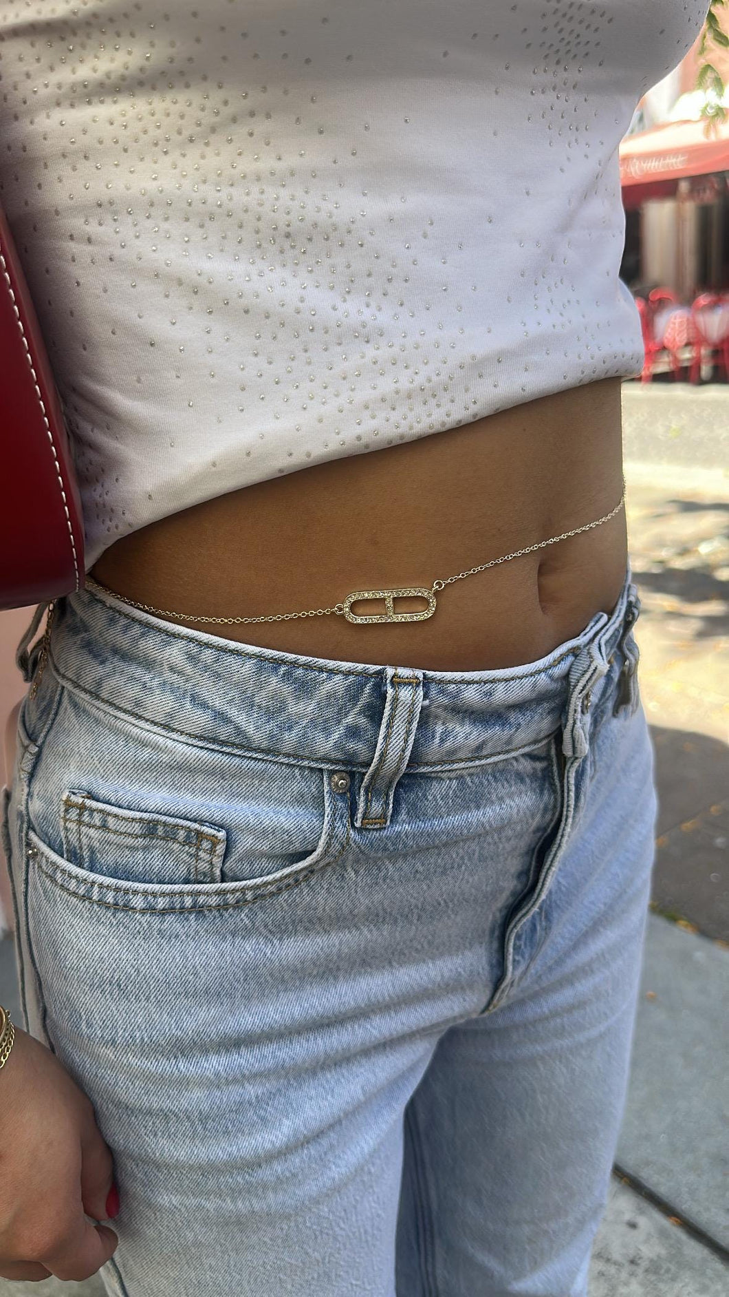 Silver Filled Dainty Curb Link Waist Chain with Oval Carabiner CZ Chain