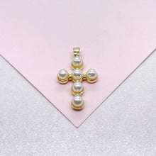 Load image into Gallery viewer, 18k Gold Filled Beaded Pearl Cross Pendant

