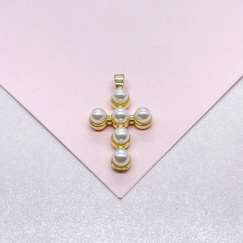 18k Gold Filled Beaded Pearl Cross Pendant