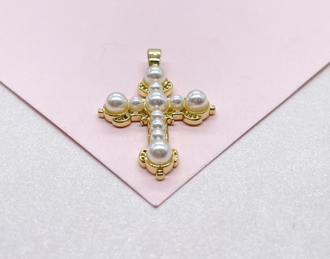 18k Gold Filled Faux all around Pearl Style Cross Pendant