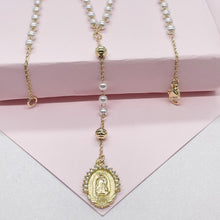 Load image into Gallery viewer, 18k Gold Filled White Simulated Pearl Beaded Rosary With Hearts and Small Lady of Grace Medal
