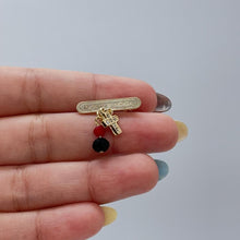 Load image into Gallery viewer, 18k Gold Filled &quot;Dios Te Bendiga&quot; Broche with Simulated Azabache Stone and Mini CZ Cross
