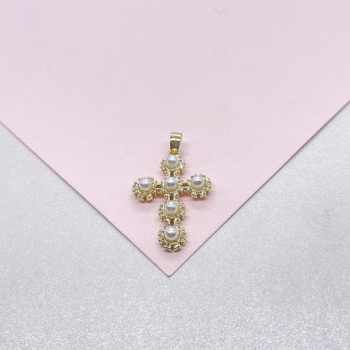 18k Gold Filled Beaded Pearl Cross Pendant Crowned with Pave CZ