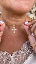 Load image into Gallery viewer, 18k Gold Filled Beaded Pearl Cross Pendant Crowned with Pave CZ
