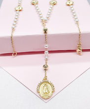 Load image into Gallery viewer, 18k Gold Filled White Simulated Pearl Beaded Rosary With Hearts and Small Lady of Grace Medal

