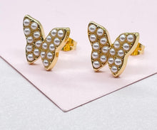 Load image into Gallery viewer, 18k Gold Filled Pearl Beaded Butterfly Stud Earrings
