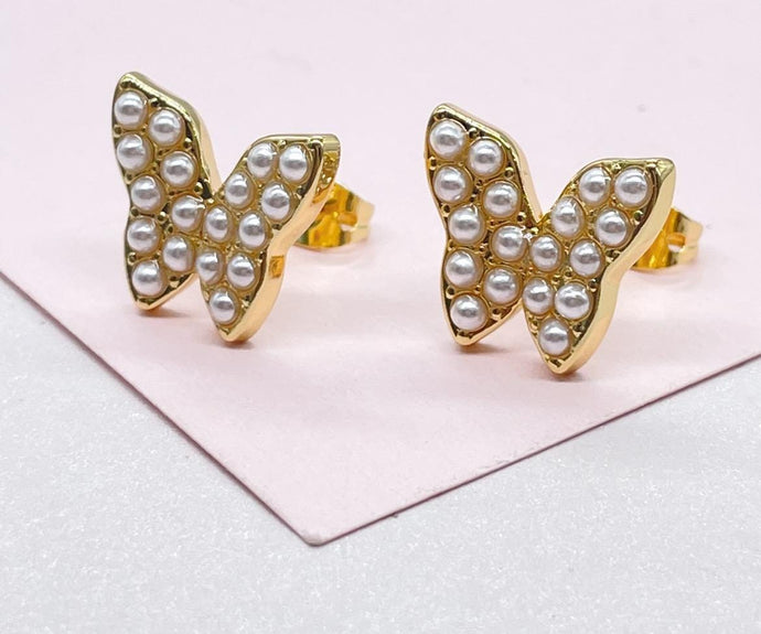 18k Gold Filled Pearl Beaded Butterfly Stud Earrings