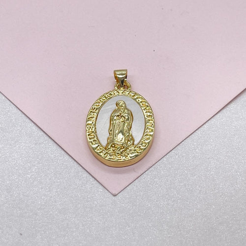 18k Gold Filled Engraved Virgin of Mary Charm with Mother of Pearl