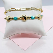 Load image into Gallery viewer, 18k Gold Filled Double Bracelet with Paper Clip Link and Beaded Turquoise Stones
