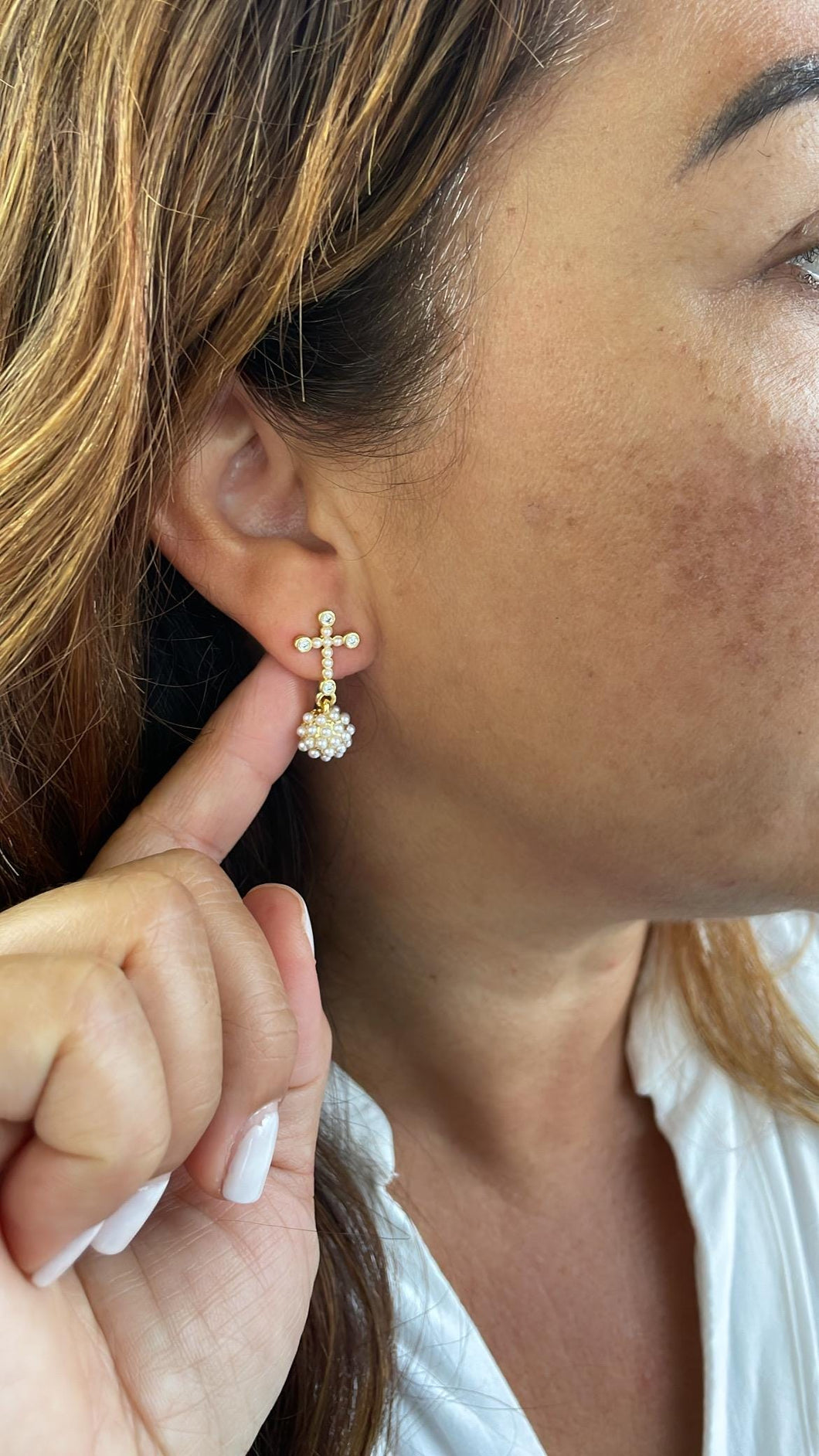 18k Gold Filled Small Pearl Cross Stud and Dangling Sphere