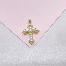 Load image into Gallery viewer, 18k Gold Filled Faux all around Pearl Style Cross Pendant
