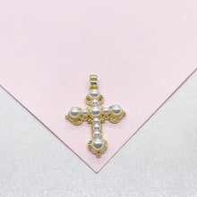 Load image into Gallery viewer, 18k Gold Filled Faux all around Pearl Style Cross Pendant

