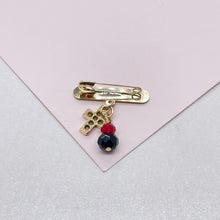 Load image into Gallery viewer, 18k Gold Filled &quot;Dios Te Bendiga&quot; Broche with Simulated Azabache Stone and Mini CZ Cross

