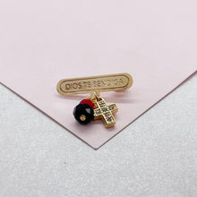Load image into Gallery viewer, 18k Gold Filled &quot;Dios Te Bendiga&quot; Broche with Simulated Azabache Stone and Mini CZ Cross
