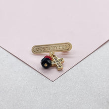 Load image into Gallery viewer, 18k Gold Filled &quot;Dios Te Bendiga&quot; Broche with Simulated Azabache Stone and Mini CZ Cross
