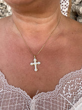 Load image into Gallery viewer, 18k Gold Filled Faux all around Pearl Style Cross Pendant
