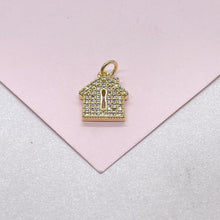 Load image into Gallery viewer, 18k Gold Filled Mini House Charm with Key Whole CZ Pave
