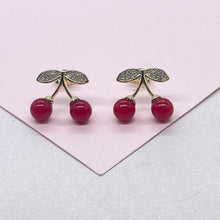 Load image into Gallery viewer, 18k Gold Filled Classic Red Cherry Stud Earring with CZ Stems
