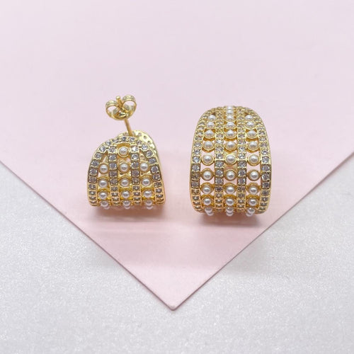 18k Gold Filled Chunky Long C-Hoops with Baby Cz & Pearls Engraved