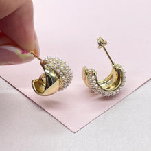Load image into Gallery viewer, 18k Gold Filled Chunky Puffy C-Hoops with Baby Pearls Engraved

