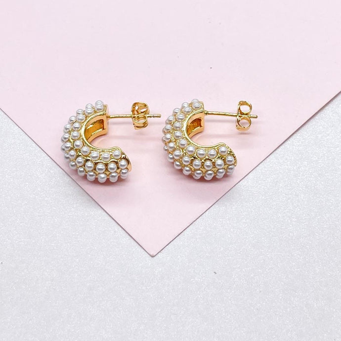 18k Gold Filled Chunky Puffy C-Hoops with Baby Pearls Engraved
