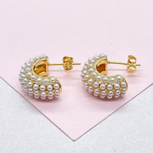 Load image into Gallery viewer, 18k Gold Filled Chunky Puffy C-Hoops with Baby Pearls Engraved
