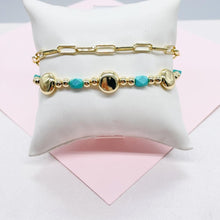 Load image into Gallery viewer, 18k Gold Filled Double Bracelet with Paper Clip Link and Beaded Turquoise Stones
