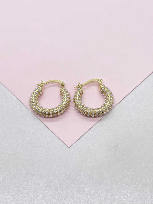 18k Gold Filled Pearl Hoop Earrings, Beaded Open Hoops