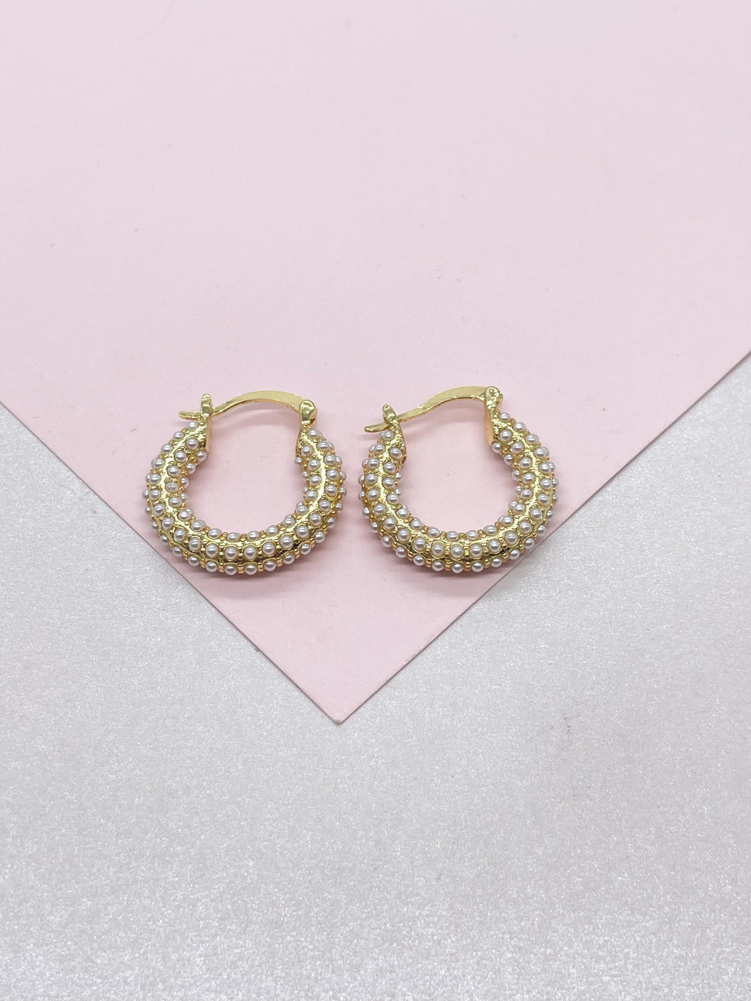 18k Gold Filled Pearl Hoop Earrings, Beaded Open Hoops
