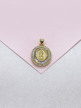 Load image into Gallery viewer, 18k Gold Filled Engraved Virgin of Mary Medallion with Baguette and Round CZ
