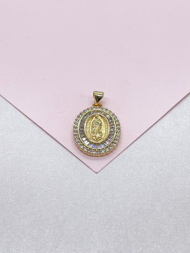18k Gold Filled Engraved Virgin of Mary Medallion with Baguette and Round CZ