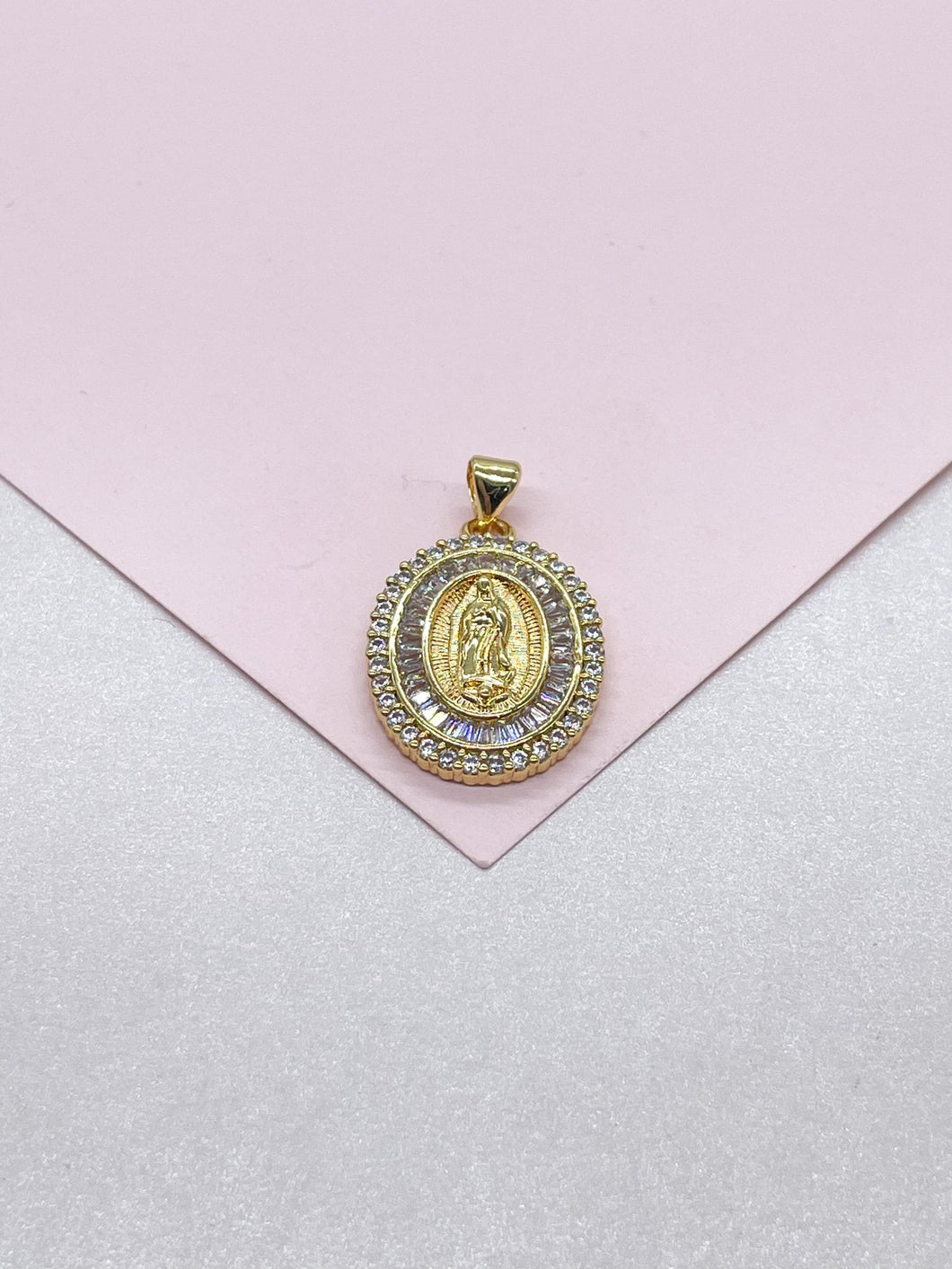 18k Gold Filled Engraved Virgin of Mary Medallion with Baguette and Round CZ