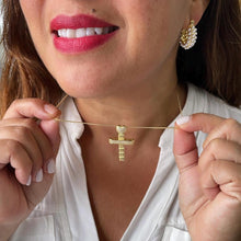 Load image into Gallery viewer, 18k Gold Filled CZ Crucifix Pendant with Engraved with Cubic Zirconia and Topped with CZ Heart
