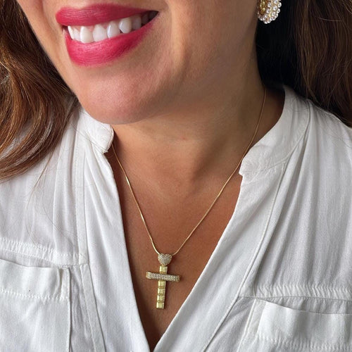 18k Gold Filled CZ Crucifix Pendant with Engraved with Cubic Zirconia and Topped with CZ Heart