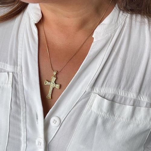 18k Gold Filled Crucifix Cross Patterned with CZ and Engraving Patterns