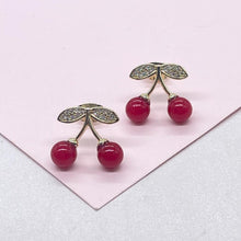 Load image into Gallery viewer, 18k Gold Filled Classic Red Cherry Stud Earring with CZ Stems

