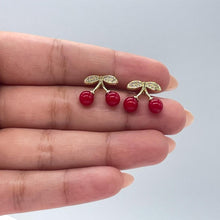 Load image into Gallery viewer, 18k Gold Filled Classic Red Cherry Stud Earring with CZ Stems
