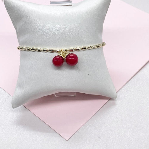 18k Gold Filled Classic Red Cherry Bracelet with Rice Bead Link