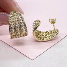 Load image into Gallery viewer, 18k Gold Filled Chunky Long C-Hoops with Baby Cz &amp; Pearls Engraved
