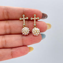 Load image into Gallery viewer, 18k Gold Filled Small Pearl Cross Stud and Dangling Sphere
