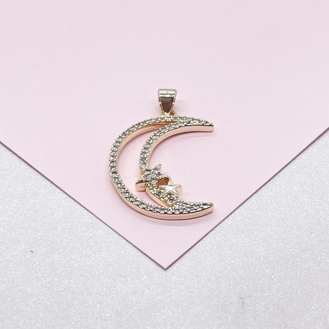 18k Gold Filled Large CZ Pave Moon & Star Necklace Charm