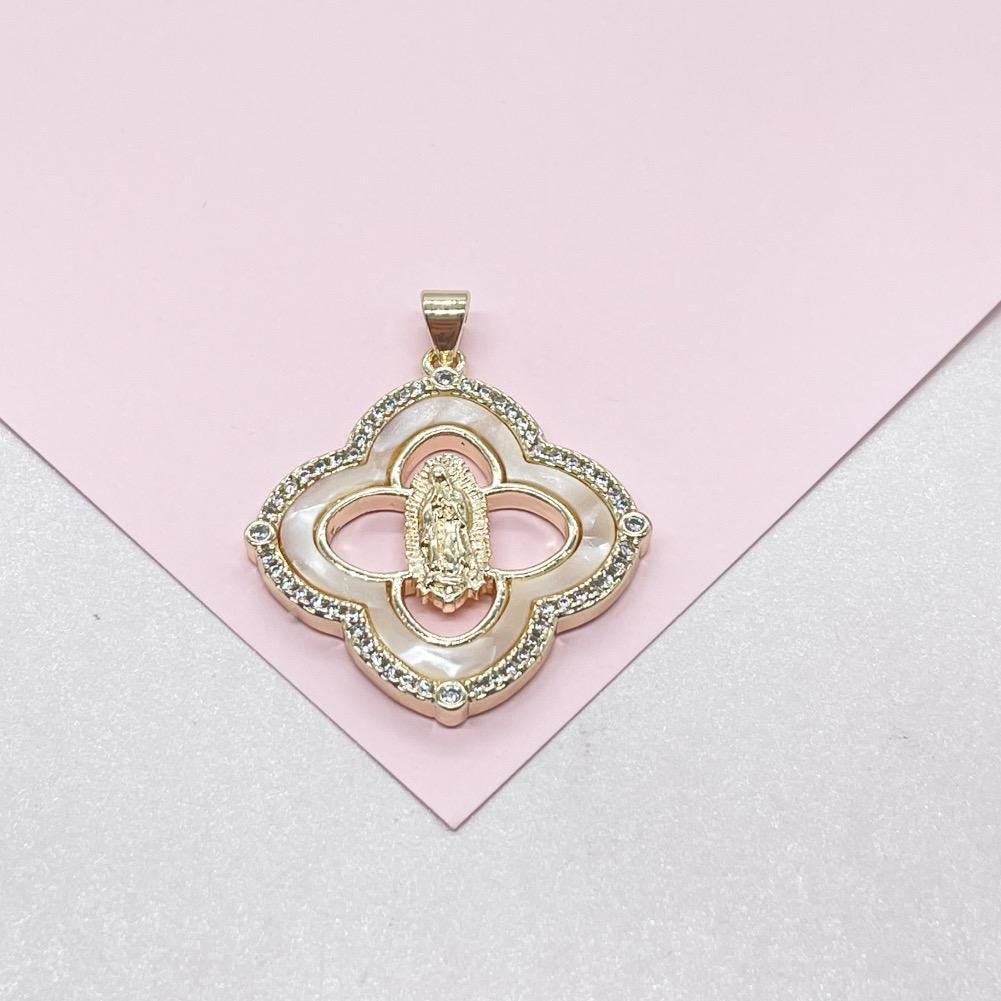 18k Gold Filled Mother of Pearl Clover Pendant with Virgin Mary Engraved Crowned with CZ