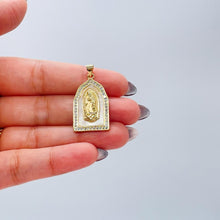 Load image into Gallery viewer, 18k Gold Filled Mother of Pearl Rectangle Medallion Engraved with Virgin Mary &amp; CZ
