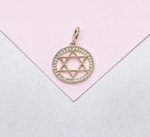 Load image into Gallery viewer, 18k Gold Filled Large Star of David Outline Pendant Crowned with CZ Stones
