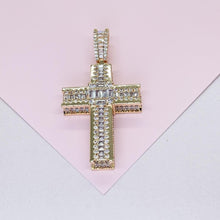 Load image into Gallery viewer, 18k Gold Filled XL Crucifix Covered in Baguette cut stones, Round CZ in Prong and Beveled Setting
