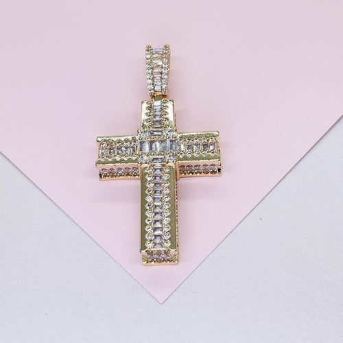 18k Gold Filled XL Crucifix Covered in Baguette cut stones, Round CZ in Prong and Beveled Setting
