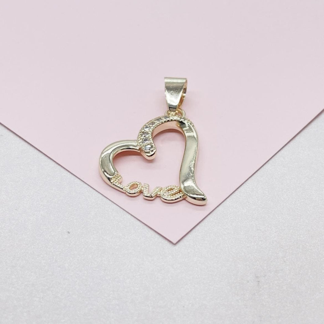 18k Gold Filled XL Engraved Love Heart Pendant with cz