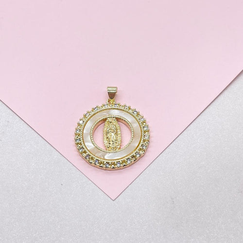 18k Gold Filled Mother of Pearl Medallion with Virgin Mary Engraving, Crowned with CZ