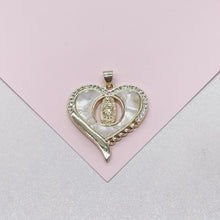 Load image into Gallery viewer, 18k Gold Filled Heart Pendant with Mother Of Pearl Stone &amp; Engraving of Virgin Mary Topped with CZ
