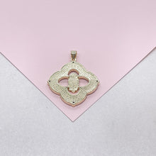 Load image into Gallery viewer, 18k Gold Filled Mother of Pearl Clover Pendant with Virgin Mary Engraved Crowned with CZ
